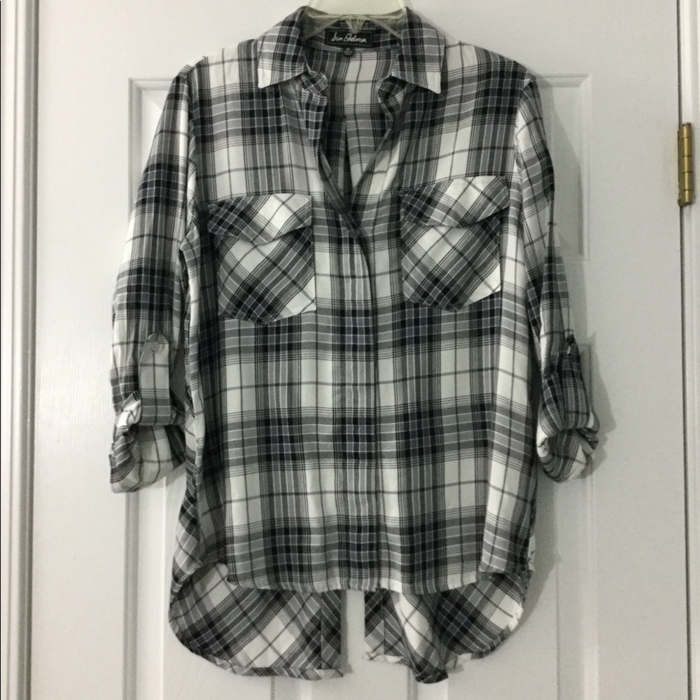 Sam Edelman Riley Plaid Black & White Button Front Top